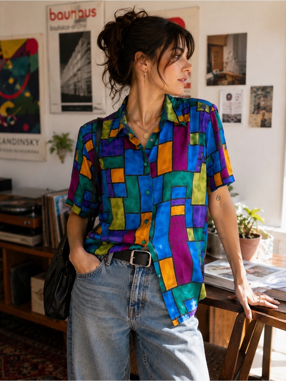 Christie and Jill Relaxed Colorblock Short Sleeve Button-Down Shirt 100% Silk